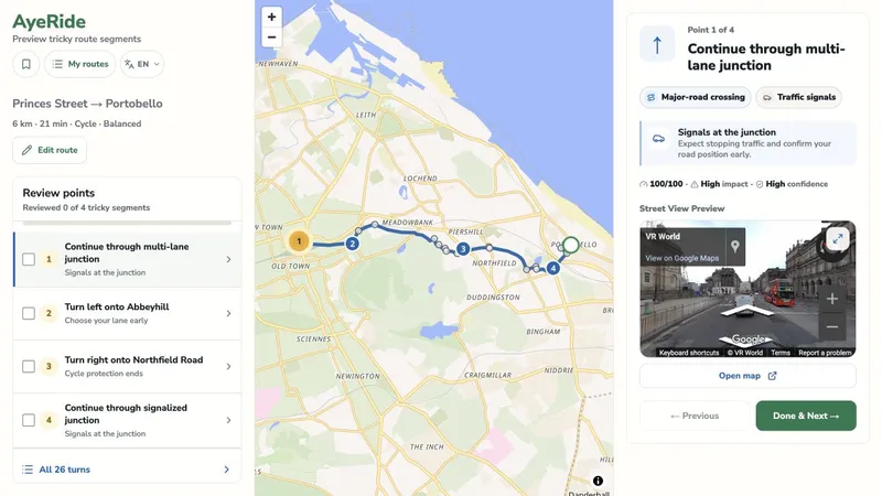 AyeRide showing a cycling route from Princes Street to Portobello, with review points, a route map, and Street View