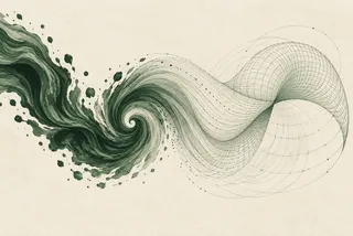 A green ink vortex flows into fine geometric curves and a mathematical mesh on ivory paper.