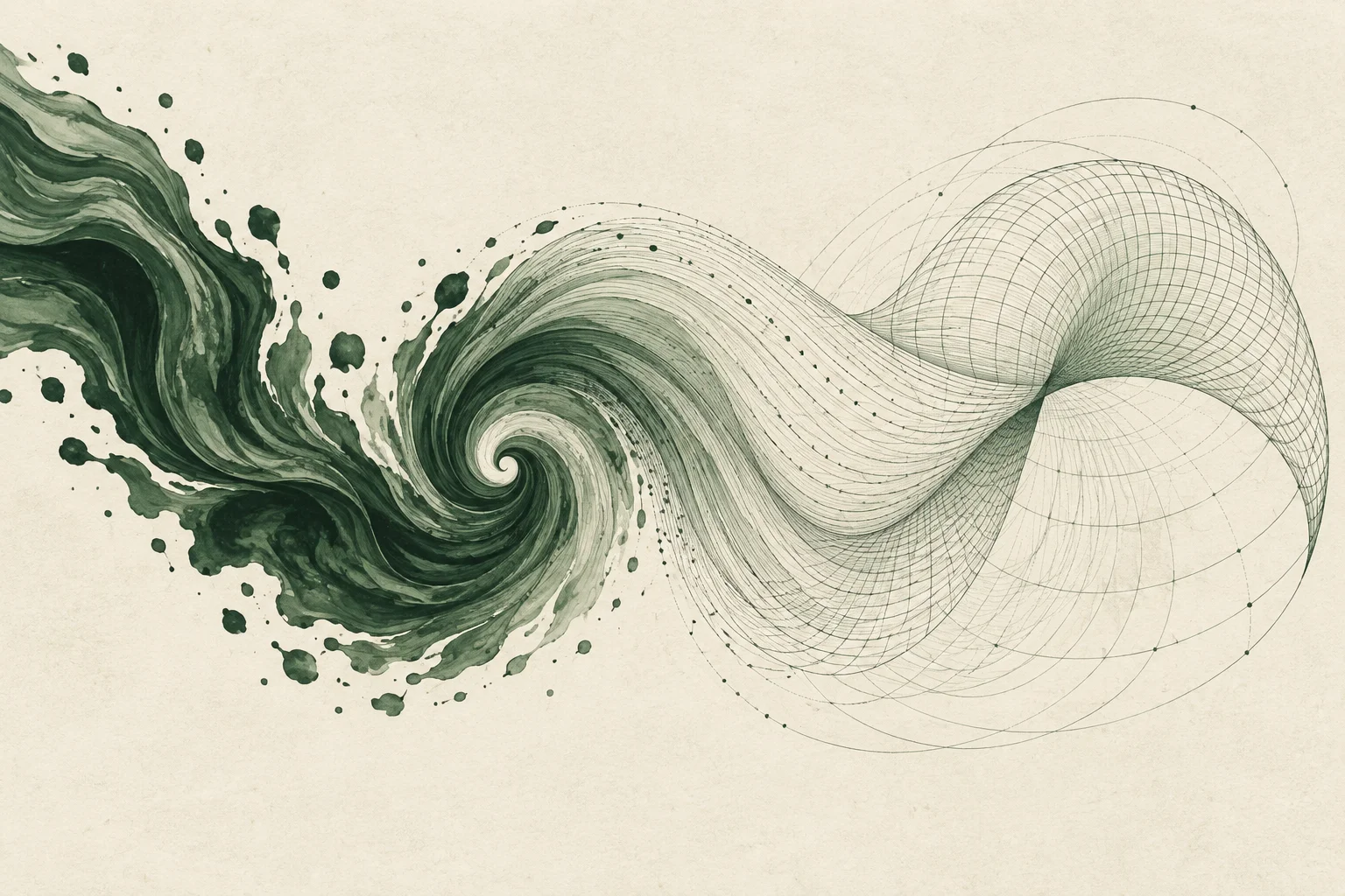 A green ink vortex flows into fine geometric curves and a mathematical mesh on ivory paper.