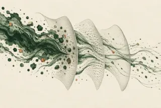 Forest-green ink and ochre flecks flow through three fine, curved mesh filters on textured ivory paper.