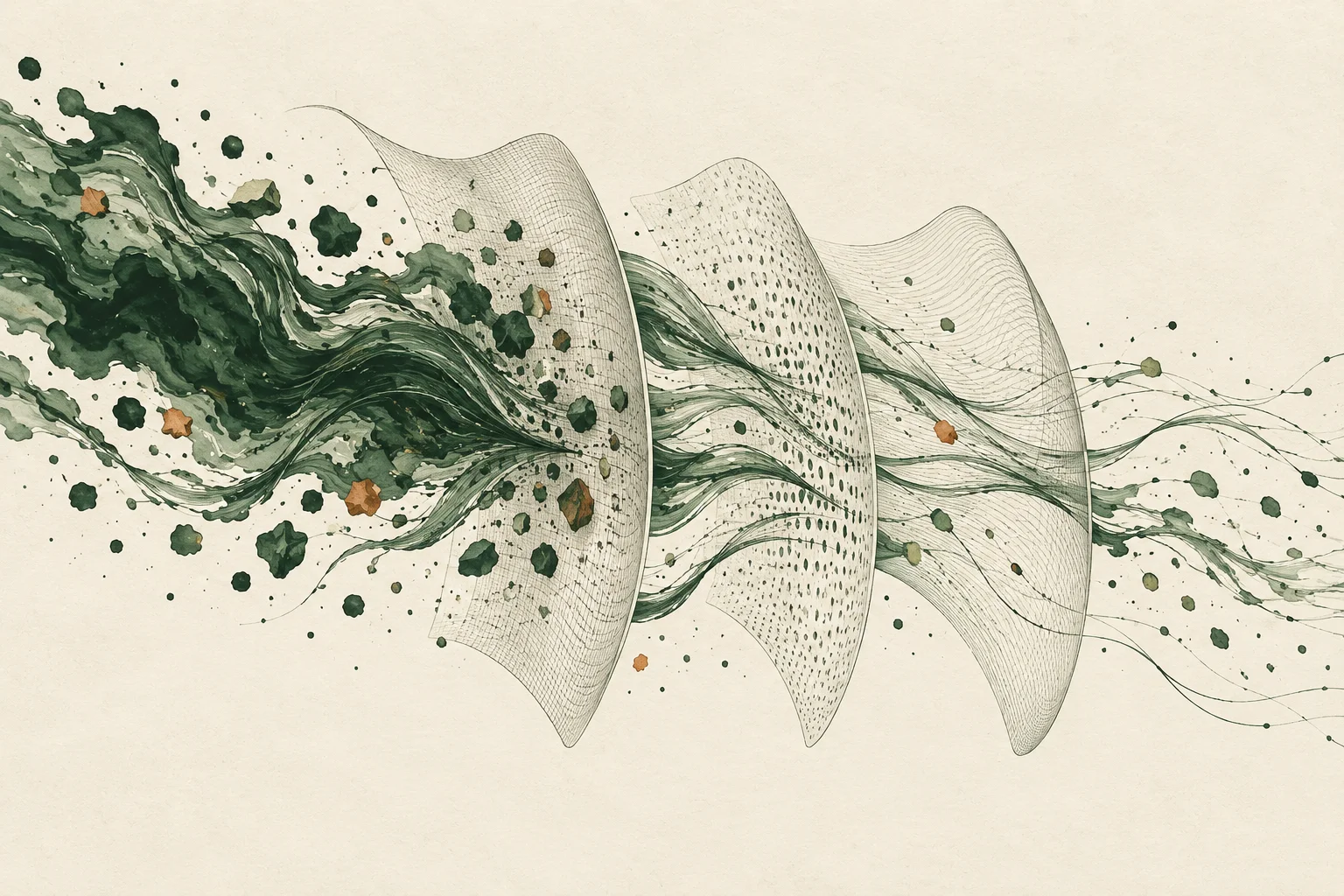 Forest-green ink and ochre flecks flow through three fine, curved mesh filters on textured ivory paper.