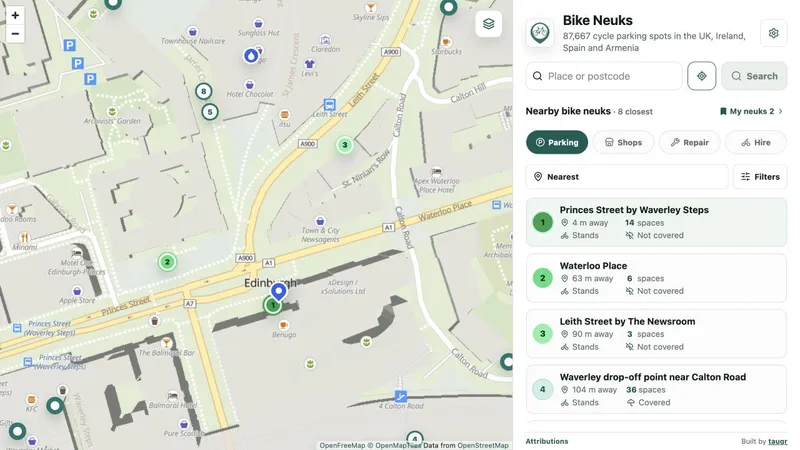 Bike Neuks showing cycle parking around Edinburgh Waverley, with a map and nearby parking list.