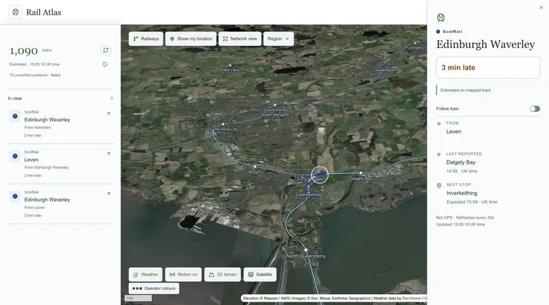 Rail Atlas map at the Forth Bridge with Weather on and a ScotRail train from Leven to Edinburgh Waverley selected, with its journey details open