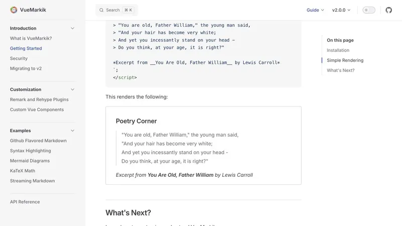 VueMarkik documentation showing a Vue Markdown component and its rendered output.